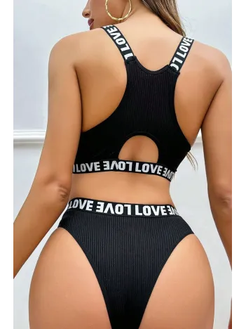 Kadın Siyah Çapraz Sırt Ve Love Lastik Detaylı Sütyen Külot Takım