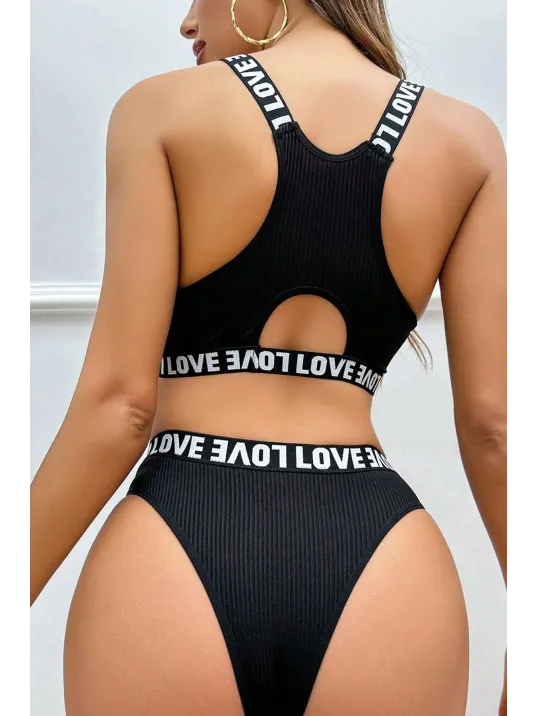 Kadın Siyah Çapraz Sırt Ve Love Lastik Detaylı Sütyen Külot Takım
