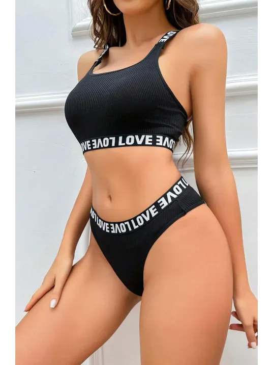Kadın Siyah Çapraz Sırt Ve Love Lastik Detaylı Sütyen Külot Takım