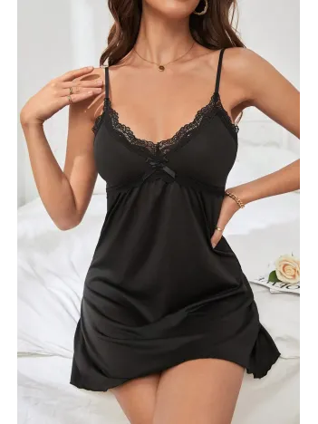 Kadın Siyah Fiyonk Ve Dantel Detaylı Şık Gecelik – Modern Ve Şık Tasarım