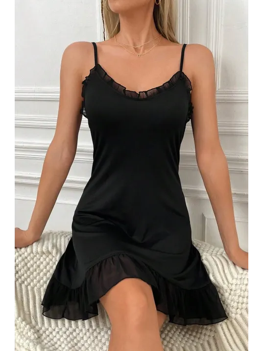 Kadın Siyah Etek Ucu Ve Göğsü Fırfırlı Tül Detaylı Gecelik – Modern Ve Şık Tasarım