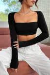 Kadın Siyah Uzun Kol Göğüs Ve Sırt Dekolteli Crop Top Bluz – Şık, Rahat Ve Kolay Kombinlenebilir