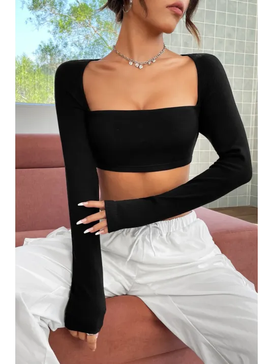 Kadın Siyah Uzun Kol Göğüs Ve Sırt Dekolteli Crop Top Bluz – Şık, Rahat Ve Kolay Kombinlenebilir