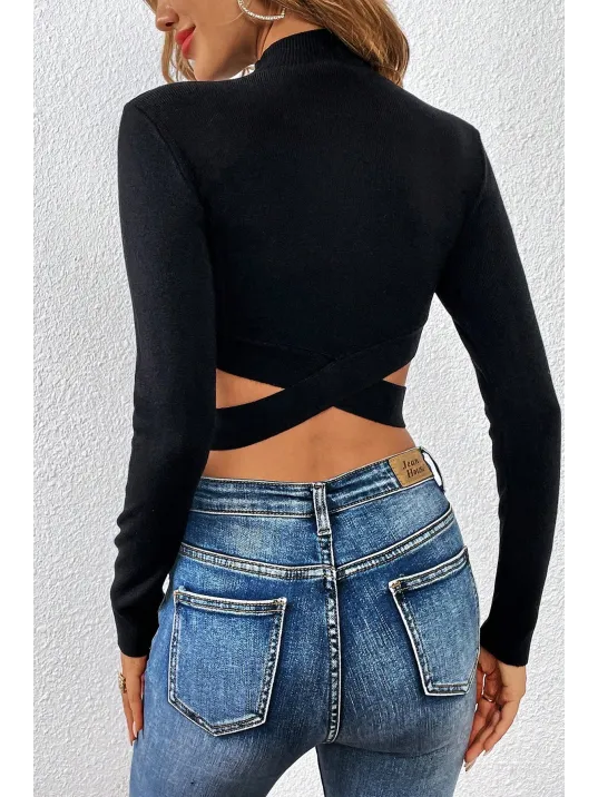 Kadın Siyah Çapraz Bel Detaylı Dik Yaka Uzun Kol Crop Top Bluz – Şık, Rahat Ve Kolay Kombinlenebilir
