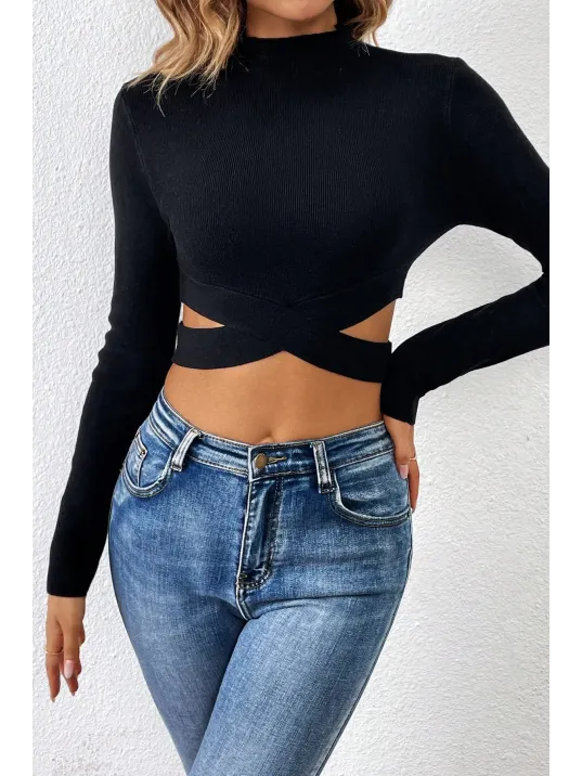 Kadın Siyah Çapraz Bel Detaylı Dik Yaka Uzun Kol Crop Top Bluz – Şık, Rahat Ve Kolay Kombinlenebilir