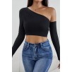 Kadın Siyah Tek Omuz Detaylı Uzun Kol Crop Top Bluz – Şık, Rahat Ve Kolay Kombinlenebilir
