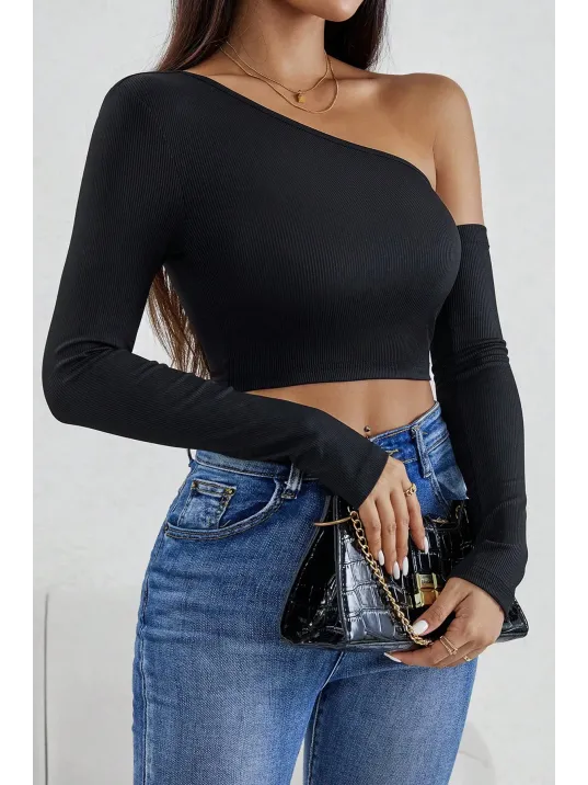 Kadın Siyah Tek Omuz Detaylı Uzun Kol Crop Top Bluz – Şık, Rahat Ve Kolay Kombinlenebilir