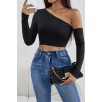 Kadın Siyah Tek Omuz Detaylı Uzun Kol Crop Top Bluz – Şık, Rahat Ve Kolay Kombinlenebilir