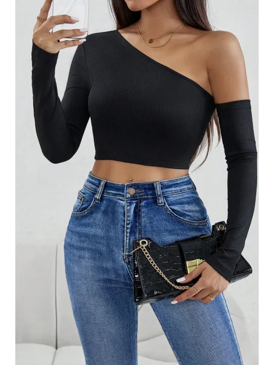 Kadın Siyah Tek Omuz Detaylı Uzun Kol Crop Top Bluz – Şık, Rahat Ve Kolay Kombinlenebilir