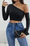 Kadın Siyah Tek Omuz Detaylı Uzun Kol Crop Top Bluz – Şık, Rahat Ve Kolay Kombinlenebilir