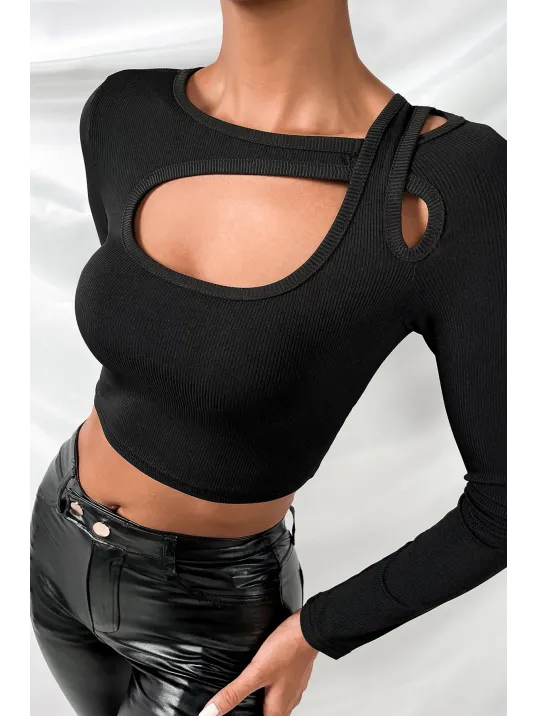 Kadın Siyah Göğüs Dekolteli Çapraz Askılı Uzun Kollu Crop Top Bluz – Şık, Rahat Ve Kolay Kombinlenebilir