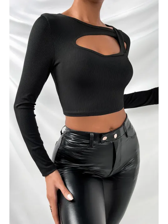Kadın Siyah Göğüs Dekolteli Çapraz Askılı Uzun Kollu Crop Top Bluz – Şık, Rahat Ve Kolay Kombinlenebilir