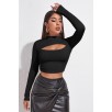Kadın Siyah Göğüs Dekolteli Uzun Kollu Cut Out Crop Top Bluz – Şık, Rahat Ve Kolay Kombinlenebilir
