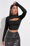 Kadın Siyah Göğüs Dekolteli Uzun Kollu Cut Out Crop Top Bluz – Şık, Rahat Ve Kolay Kombinlenebilir