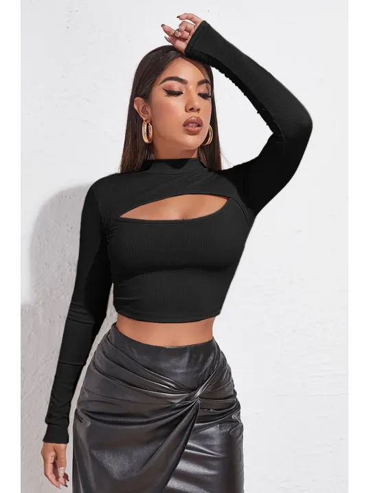 Kadın Siyah Göğüs Dekolteli Uzun Kollu Cut Out Crop Top Bluz – Şık, Rahat Ve Kolay Kombinlenebilir