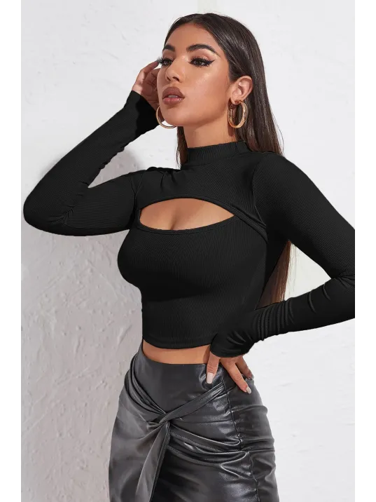 Kadın Siyah Göğüs Dekolteli Uzun Kollu Cut Out Crop Top Bluz – Şık, Rahat Ve Kolay Kombinlenebilir