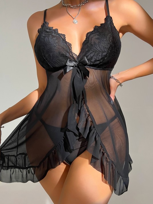 Kadın Siyah Dantelli, Fırfırlı Tül ve Fiyonk Detaylı Tangalı Gecelik Takımı