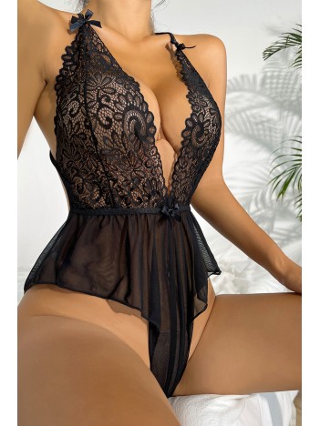 Kadın Siyah Dantel Ve Çapraz Sırt Detaylı Fiyonklu Transparan Tül Gecelik – Modern Ve Şık Tasarım