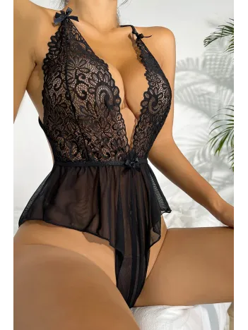 Kadın Siyah Dantel Ve Çapraz Sırt Detaylı Fiyonklu Transparan Tül Gecelik – Modern Ve Şık Tasarım