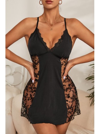 Kadın Siyah Çapraz Sırt Dekolteli Transparan Dantel Gecelik Kadın Siyah Çapraz Sırt Dekolteli Transparan Dantel Gecelik