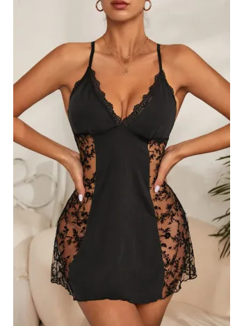 Kadın Siyah Çapraz Sırt Dekolteli Transparan Dantel Gecelik