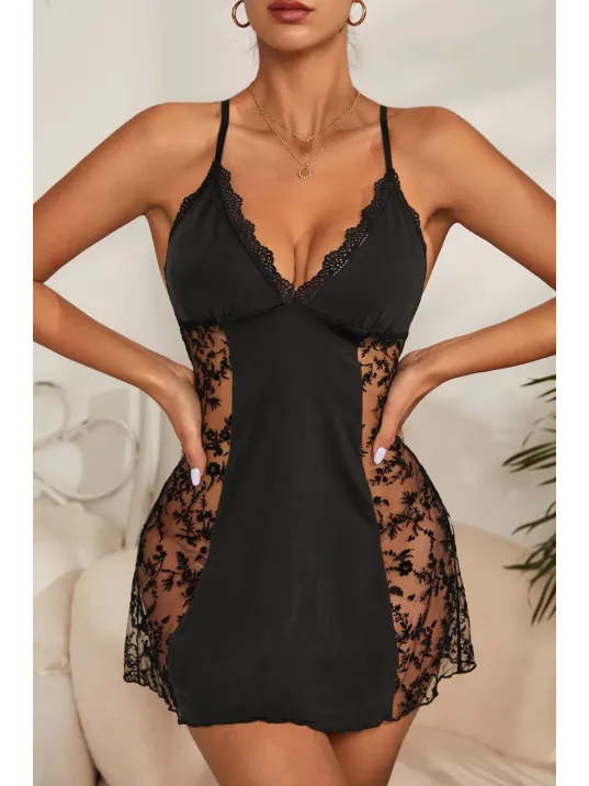 Kadın Siyah Çapraz Sırt Dekolteli Transparan Dantel Gecelik