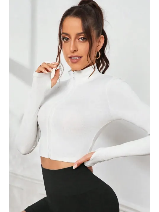 Kadın Beyaz Uzun Kol Fermuarlı Parmak Geçme Detaylı Dik Yaka Crop Top Bluz