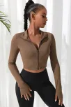 Kadın Kahverengi Uzun Kol Fermuarlı Parmak Geçme Detaylı Dik Yaka Crop Top Bluz – Şık, Rahat Ve Kolay Kombinlenebilir