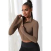 Kadın Kahverengi Uzun Kol Fermuarlı Parmak Geçme Detaylı Dik Yaka Crop Top Bluz – Şık, Rahat ve Kolay Kombinlenebilir
