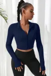 Kadın Lacivert Uzun Kol Fermuarlı Parmak Geçme Detaylı Dik Yaka Crop Top Bluz – Şık, Rahat Ve Kolay Kombinlenebilir Kadın Lacivert Uzun Kol Fermuarlı Parmak Geçme Detaylı Dik Yaka Crop Top Bluz – Şık, Rahat Ve Kolay Kombinlenebilir