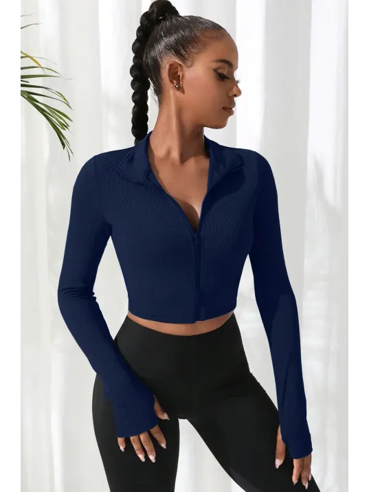 Kadın Lacivert Uzun Kol Fermuarlı Parmak Geçme Detaylı Dik Yaka Crop Top Bluz – Şık, Rahat Ve Kolay Kombinlenebilir Kadın Lacivert Uzun Kol Fermuarlı Parmak Geçme Detaylı Dik Yaka Crop Top Bluz – Şık, Rahat Ve Kolay Kombinlenebilir
