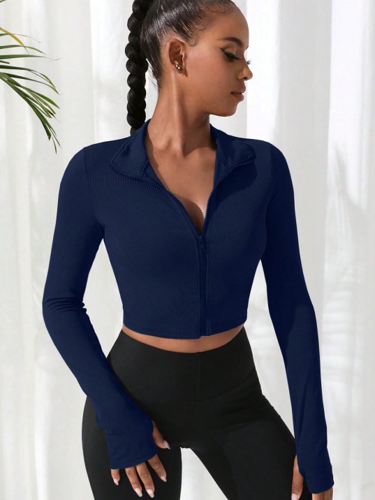 Kadın Lacivert Uzun Kol Fermuarlı Parmak Geçme Detaylı Dik Yaka Crop Top Bluz – Şık, Rahat Ve Kolay Kombinlenebilir