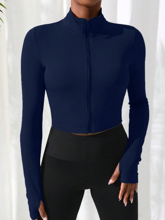 Kadın Lacivert Uzun Kol Fermuarlı Parmak Geçme Detaylı Dik Yaka Crop Top Bluz – Şık, Rahat Ve Kolay Kombinlenebilir