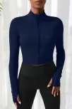 Kadın Lacivert Uzun Kol Fermuarlı Parmak Geçme Detaylı Dik Yaka Crop Top Bluz – Şık, Rahat Ve Kolay Kombinlenebilir