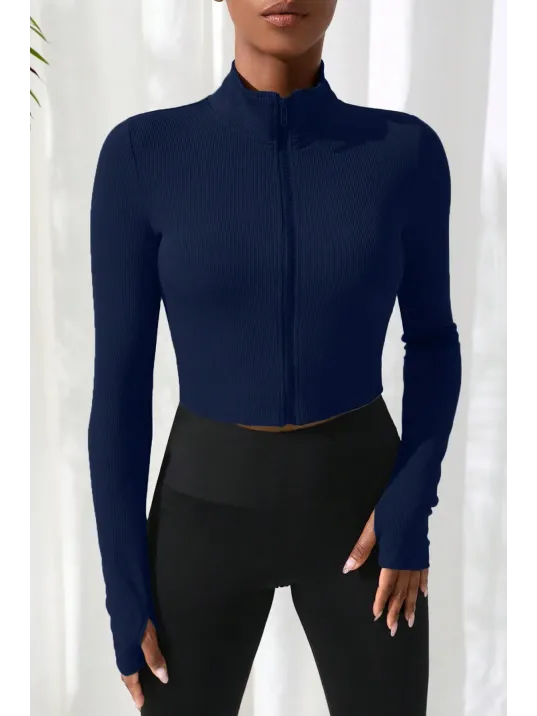 Kadın Lacivert Uzun Kol Fermuarlı Parmak Geçme Detaylı Dik Yaka Crop Top Bluz – Şık, Rahat Ve Kolay Kombinlenebilir