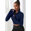 Kadın Lacivert Uzun Kol Fermuarlı Parmak Geçme Detaylı Dik Yaka Crop Top Bluz – Şık, Rahat Ve Kolay Kombinlenebilir