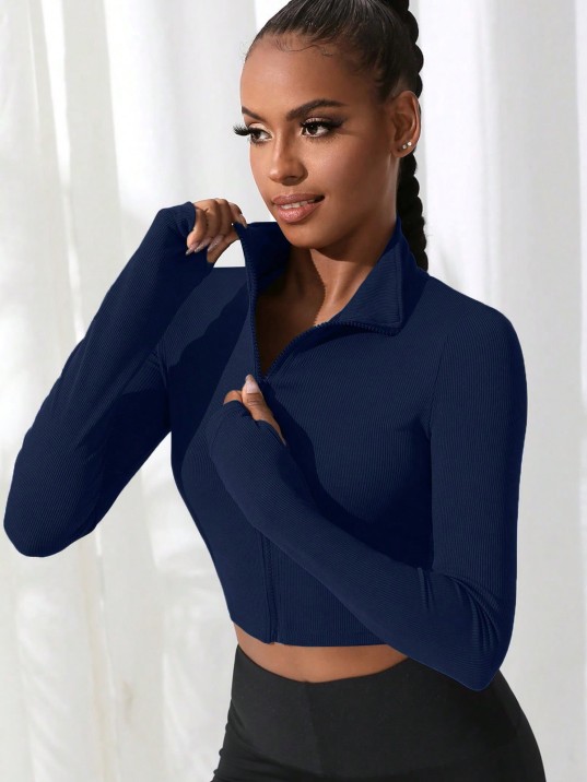Kadın Lacivert Uzun Kol Fermuarlı Parmak Geçme Detaylı Dik Yaka Crop Top Bluz – Şık, Rahat Ve Kolay Kombinlenebilir