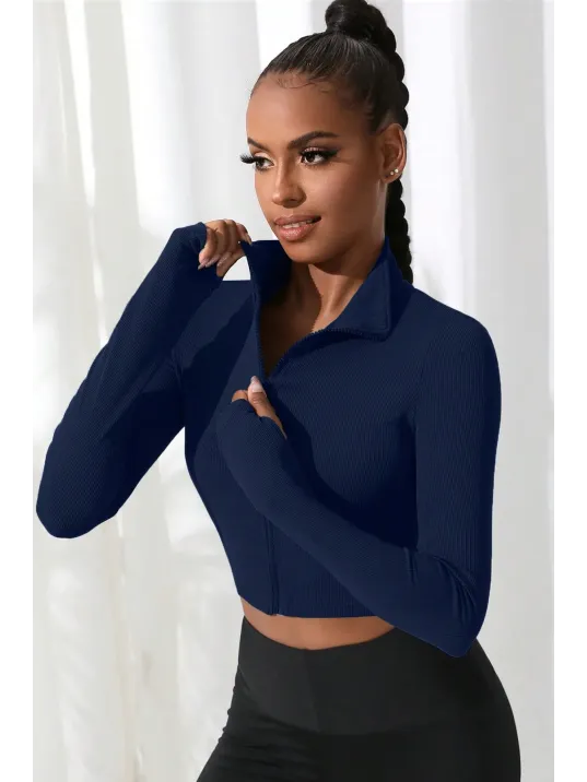 Kadın Lacivert Uzun Kol Fermuarlı Parmak Geçme Detaylı Dik Yaka Crop Top Bluz – Şık, Rahat Ve Kolay Kombinlenebilir