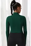 Kadın Yeşil Uzun Kol Fermuarlı Parmak Geçme Detaylı Dik Yaka Crop Top Bluz