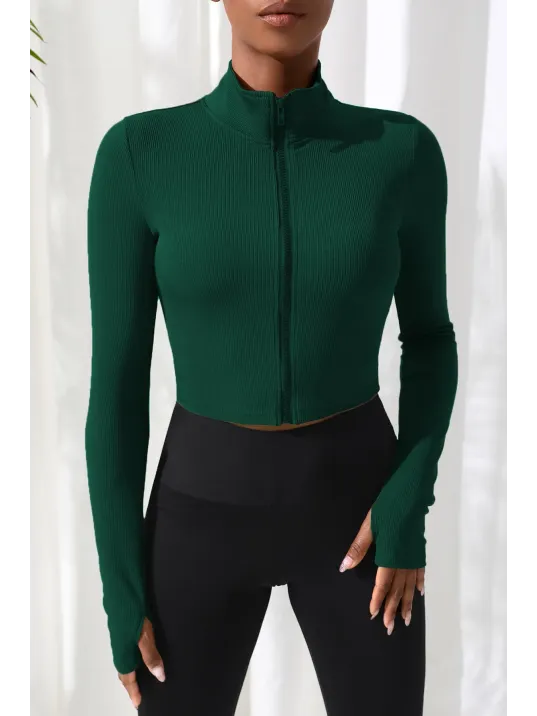 Kadın Yeşil Uzun Kol Fermuarlı Parmak Geçme Detaylı Dik Yaka Crop Top Bluz Kadın Yeşil Uzun Kol Fermuarlı Parmak Geçme Detaylı Dik Yaka Crop Top Bluz
