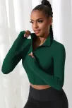 Kadın Yeşil Uzun Kol Fermuarlı Parmak Geçme Detaylı Dik Yaka Crop Top Bluz
