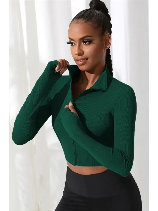 Kadın Yeşil Uzun Kol Fermuarlı Parmak Geçme Detaylı Dik Yaka Crop Top Bluz