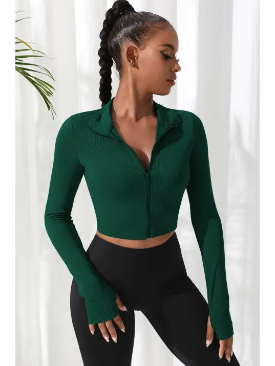 Kadın Yeşil Uzun Kol Fermuarlı Parmak Geçme Detaylı Dik Yaka Crop Top Bluz Kadın Yeşil Uzun Kol Fermuarlı Parmak Geçme Detaylı Dik Yaka Crop Top Bluz