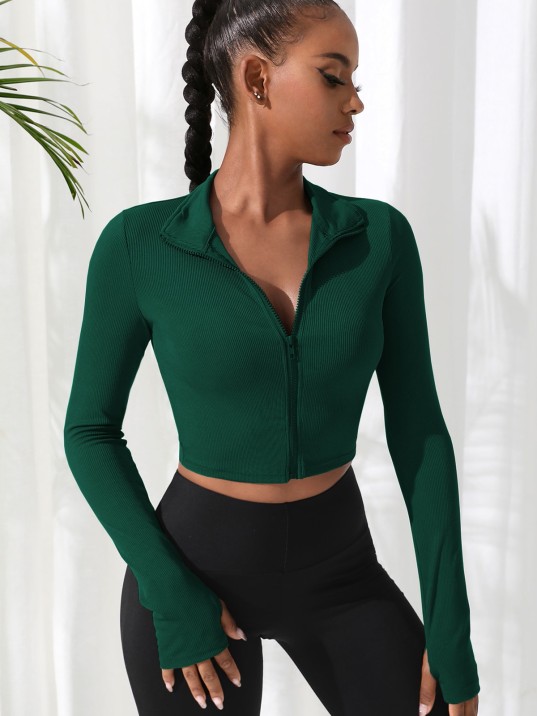 Kadın Yeşil Uzun Kol Fermuarlı Parmak Geçme Detaylı Dik Yaka Crop Top Bluz Kadın Yeşil Uzun Kol Fermuarlı Parmak Geçme Detaylı Dik Yaka Crop Top Bluz
