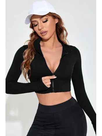 Kadın Siyah Uzun Kol Fermuarlı Parmak Geçme Detaylı Dik Yaka Crop Top Bluz