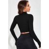 Kadın Siyah Uzun Kol Fermuarlı Parmak Geçme Detaylı Dik Yaka Crop Top Bluz