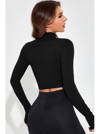 Kadın Siyah Uzun Kol Fermuarlı Parmak Geçme Detaylı Dik Yaka Crop Top Bluz