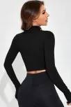 Kadın Siyah Uzun Kol Fermuarlı Parmak Geçme Detaylı Dik Yaka Crop Top Bluz