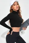 Kadın Siyah Uzun Kol Fermuarlı Parmak Geçme Detaylı Dik Yaka Crop Top Bluz Kadın Siyah Uzun Kol Fermuarlı Parmak Geçme Detaylı Dik Yaka Crop Top Bluz