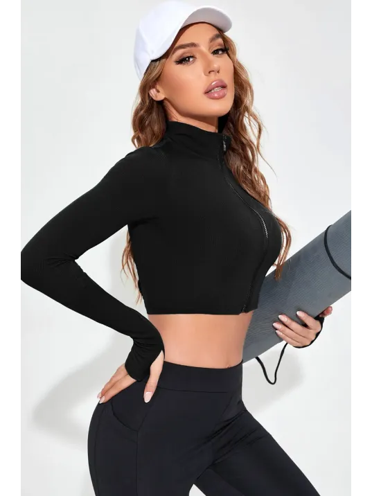 Kadın Siyah Uzun Kol Fermuarlı Parmak Geçme Detaylı Dik Yaka Crop Top Bluz Kadın Siyah Uzun Kol Fermuarlı Parmak Geçme Detaylı Dik Yaka Crop Top Bluz
